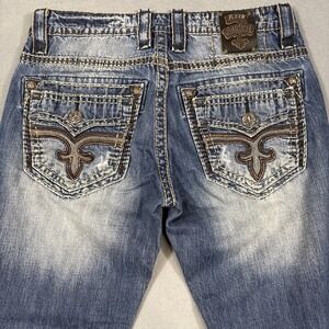 ROCK REVIVAL LUCIO 33 BOOT EMBROIDERED WHISKERING THICK STITCH JEANS